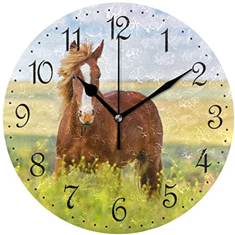 Mnsruu Wanduhr Pferd und Blumenfeld, leise, nicht tickend, dekorative Wanduhren, batteriebetrieben, 25 x 25 cm, für Zuhause, Wohnzimmer, Küche, Badezimmer, Schlafzimmer