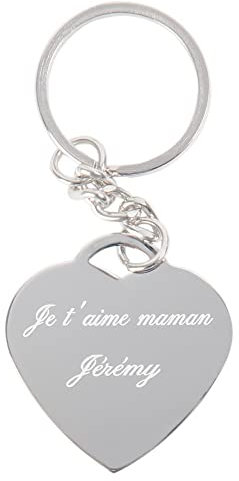 Porte-clés en Acier Argenté en Forme de Cœur avec Gravure Texte - Personnalisable