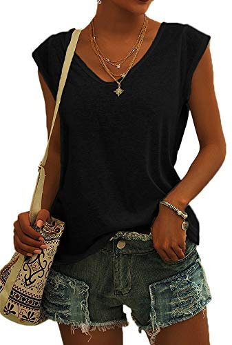 GeGekoko Womens Cap Sleeve Blouses T-Shirt Casual Loose Fit Basic Shirts Tank Tops Black