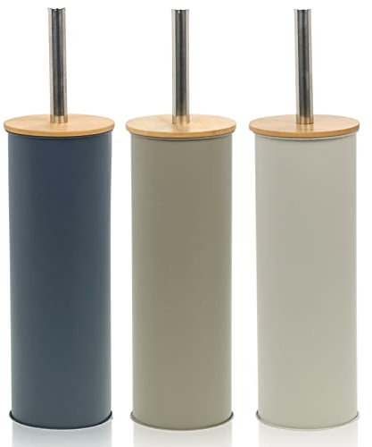 Metal Toilet Bowl Cleaning Brush Holder Wooden Cover Bathroom WC Accessories (Smokey Blue)
