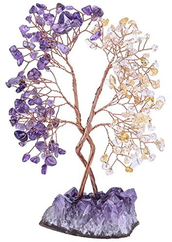 KYEYGWO Amethyst & Citrine Crystal Money Tree with Natural Amethyst Cluster Base, Fengshui Bonsai Tree Decoration Stone Lucky Gemstone Ornament for Home