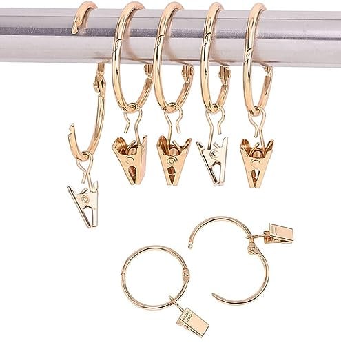 20 Pièces Anneaux de Rideaux avec Clips, Anneaux de Rideaux en Métal de 38mm de Diamètre Intérieur Pinces à Rideaux pour Rideaux de Douche de Fenêtre(Or)