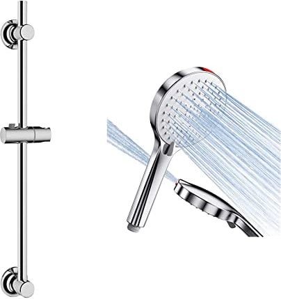 WENKO Duschstange ohne Bohren, Brausestange zur Befestigung mit Spezial-Klebepad, Ø 2,2 x 70 cm, Chrom & Duschkopf Wassersparend Duschbrause Handbrause Brausekopf