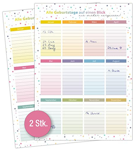 TOBJA Geburtstagskalender immerwährend - 2er Set in DIN A4 | Dots Bunt Design | Geburtstagskalender Jahresunabhängig (Dots Bunt)