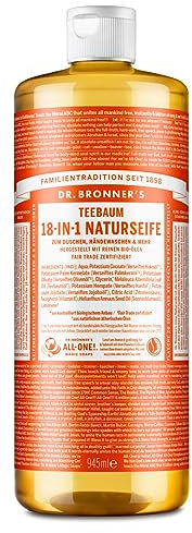 Dr. Bronners 18-IN-1 Naturseife | Organic Flüssigseife | Teebaum | Mit ätherischem Bio Teebaumöl | Duschgel, Handseife, Shampoo und vieles mehr | Mit Bio Kokos-, Oliven- und Jojobaöl | 945 ml