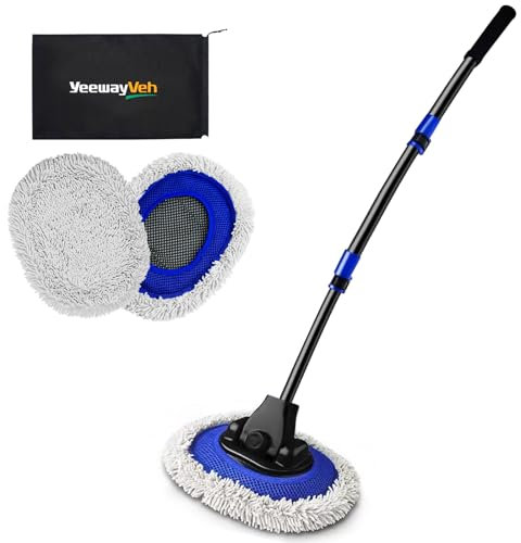 YeewayVeh Car Wash Brush with Long Handle, Car Wash Mop with 2 Replaceable Microfiber Brush Head, Soft Cleaning Brush with 15° Curved Extension Pole Car Wash Kit for RV Truck Camper, Blue