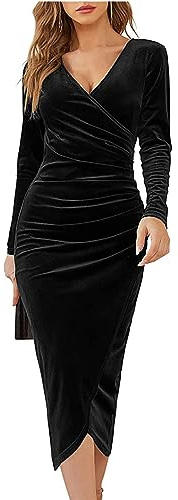 XIVISTO Vestido de Terciopelo Mujer Fiesta Cuello en V Manga Larga Elegante Bodycon Largo Vestido de Boda Cóctel Navidad Otoño e Invierno