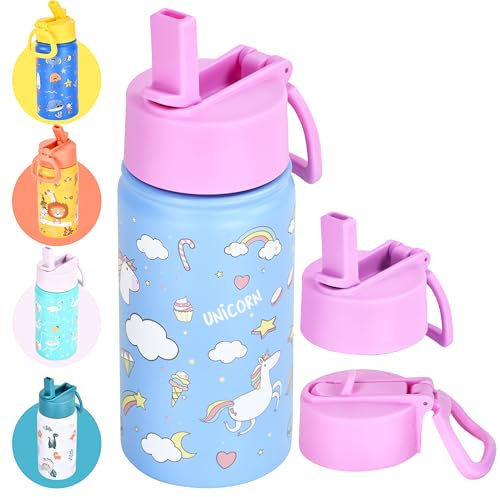 Hydrate Bottles Gourde pour enfant en acier inoxydable - 400 ml - Imprimé licorne avec couvercle rose - Utilisation à une main - Gourde isotherme pour enfants - Convient pour l'école et le sport