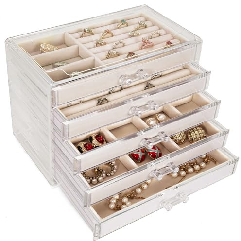 IBVIVIC Acryl Schmuckkästchen mit 5 Schubladen, Schmuckschatulle durchsichtig, Samt Schmuckbox für Ringe, Ohrringe, Uhr, Armbänder und Halskette, Beige