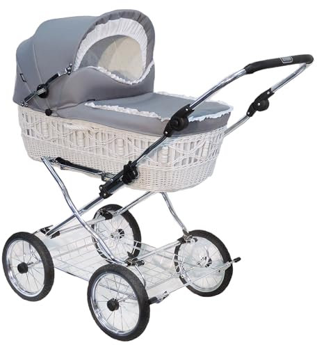 EICHHORN Kinderwagen Weidenkorb - Kinderwagen aus echter Weide, handgeflochten, Korb Weiß, Stoff Silbergrau, plattensichere ECCO-Räder