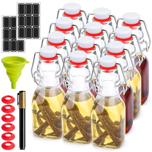WILLDAN 4oz-12 Pack Swing Top Glass Bottles - Flip Top Brewing Bottles For Kombucha, Kefir, Vanilla Extract, Mead, Vinegar, Beer- Airtight Stopper Lids - Comes With Extra Gaskets, Funnel and Labels