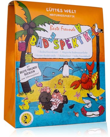 Lüttes Welt Naturkosmetik BADESPEKTAKEL Geschenkset für Kinder, mit lustigen und pflegenden Badezusätzen: Badeschaumkissen, Badewasserfarbe, Knister-Bade-Kristalle und Blubberboot
