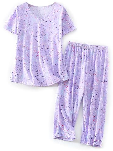 CHUNG Women Pyjama Set Short Sleeve Top Capri Pants Cotton Blend Loungewear Pjs Floral Animal Print S-3XL Lilac Heart, XL