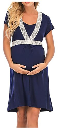 NUSGEAR Chemise Nuit Allaitement Maternité Coton Robe de Nuit Femme Enceinte Manches Courtes Chemise de Nuit Femme Grossesse Pyjama Femmes Coton Bord en Dentelle Charmant Manche Courtes Maternité