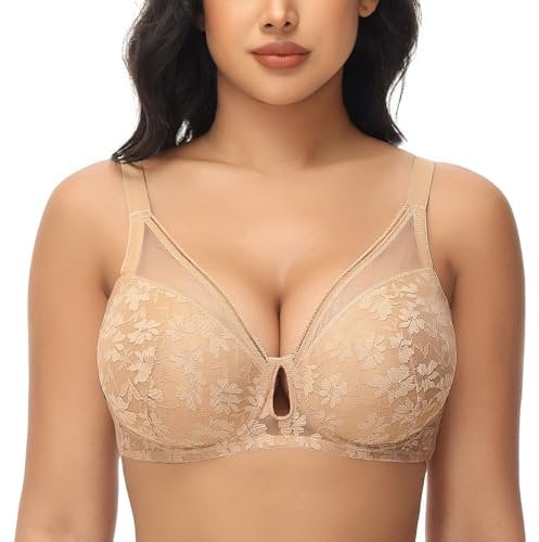 FallSweet Push Up Lace Bras for Women Underwired Padded Add one Cup Sexy Bra(Beige,36C)