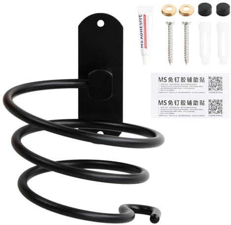 Porta Asciugacapelli da Parete, Porta Phon da Muro, Supporto per Asciugacapelli da Bagno, Portaphon, con Colla e Viti Senza Perforazione, Supporto Phon, Appendi Phon Adesivo per Toilette (Nero)