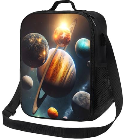Galaxy Solar System Kids Lunch Box, Planets in Outer Space Lunch Bags for Boys Girls Reusable Portable Waterproof Lunch Bags with Adjustable Shoulder Strap and Side Pocket