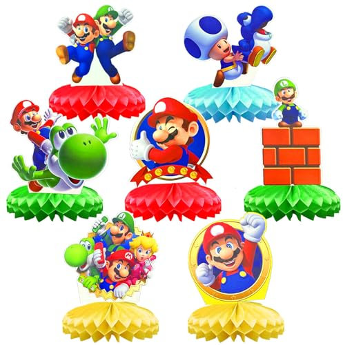 BJPERFMS Mario Geburtstag Deko, Mario Tischdeko Geburtstag, 7PCS Mario Honeycomb Dekorationen, Bienenwabe Tischdekorationen, Honeycomb Mittelstücke für Party Geburtstag