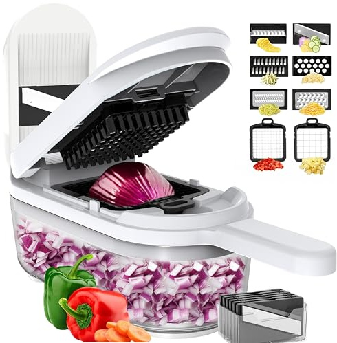 BASSWOOD 10-in-1 Home Essentials & Kitchen Gadgets, 8 Blade Vegetable Chopper, Cheese Grater, Onion & Potato Slicer, French Fry Cutter with Container