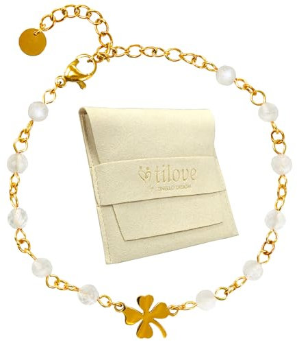 TILOVE - Bracelet en Pierre de Lune Naturelle - Lithothérapie pour Femme avec Trèfle Porte Bonheur en Acier Inoxydable. Conçu en France. Bracelet Chakra Bien Être. Idée Cadeau Femme, Fete des Mères