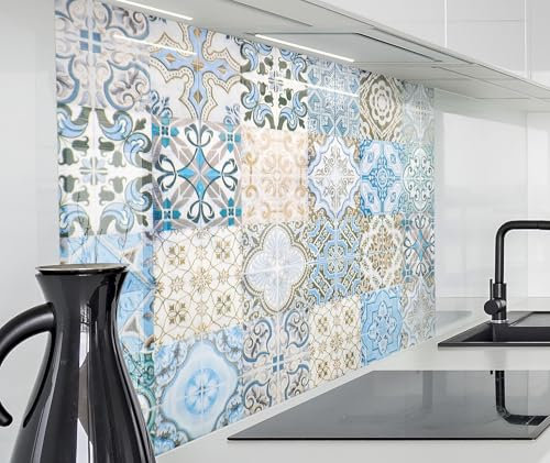 timalo Herd Spritzschutz Wand Spüle, Küche Küchenrückwand Glasoptik | Acryl Glas 2mm | Glasrückwand Acrylglas Küchenpaneele Rückwandschutz Platte | 60x40cm Vintage Fliesen Muster Blau