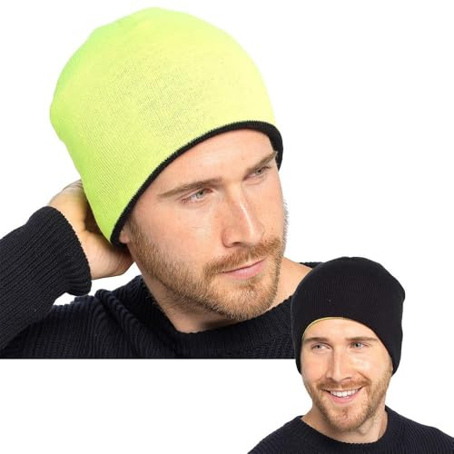 A2Z Mens Reversible Beanie Hat Lightweight Winter Outdoor Fashion Style | Stretchy Cap With Breathable Feel For Indoor Use And Bright Neon Visibility