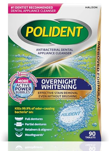Polident Overnight Whitening Antibacterial Dental Appliance Cleanser Tablets, Mouthguard Cleaning Tablets, 90 Count
