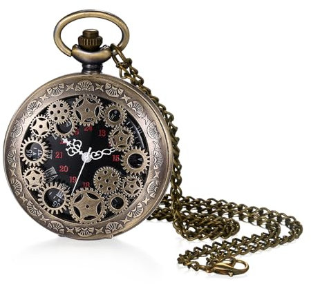 JewelryWe Zahnrad Taschenuhr Herren mit Kette: Bronze Analog Quarz Kettenuhr Vintage Zahnrad Design Uhr Anhänger Halskette mit Schwarz Römischen Arabischen Ziffern Zifferblatt Geschenk