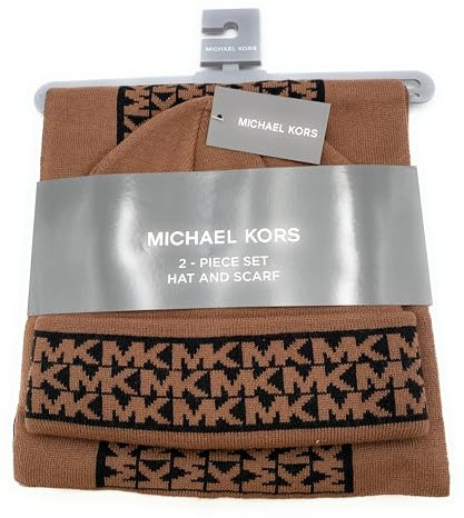 Michael Kors SET Schal&Mütze I Herren I Winterschal I Beanie I Wollschal I Wintermütze I One Size I Weiche Acrylwolle I Logo I Hat and Scarf Men I BRAUN-SCHWARZ 8638