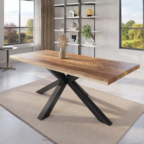 trelevo Esszimmertisch 180x90 cm, Mangoholz massiv, Tischplatte Natur/rau, echte Baumkante, Spider Gestell schwarz, Baumkantentisch