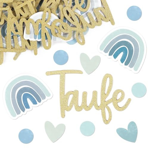 BETESSIN Tischdeko Taufe Junge Blau - 100 Stück Streudeko Taufe Konfetti mit Boho-Regenbogen & Herzen Motiven - Taufdeko für Junge & Mädchen