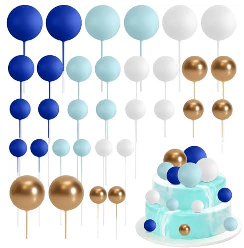 Satiskid 32-Piece Foam Ball Cake Topper, Round Cake Decorations, Blue, White & Gold, Mini Balloon Cake Inset Decoration for Wedding & Birthday Parties
