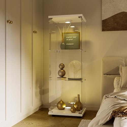 Vitrine aus Glas, 125 x 42 x 36 cm, modernes Möbelstück aus Glas mit Türen aus Glas und LED, Sammlerschrank aus Glas mit 3 Regalen, stehender Glasschrank für Haus und Büro (Weiß, 3-A)