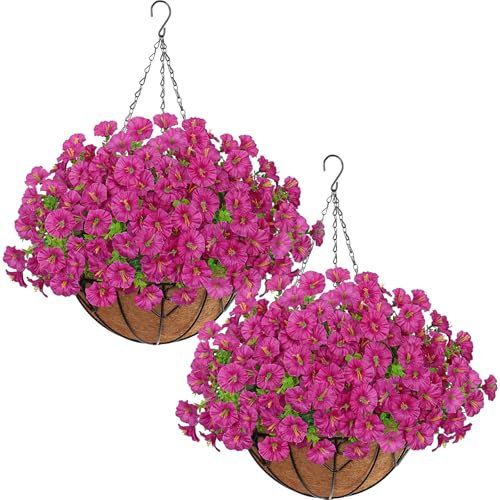 ASTNIC 2 Set Home Decoration Silk Flowers Hanging Basket, DIY Chain Fuchsia Artificial Morning Glory Hanging Flowers in Basket for Home Garden Porch Indoor Outdoor Decor (Fuchsia)