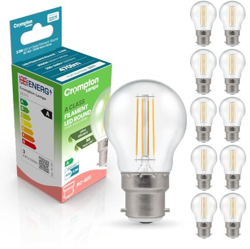 Crompton Lamps LED Ultra-Efficient Golfball 2.2W BC-B22d A-Class (10 Pack) (40W Equivalent) 3000K Warm White Clear 470lm BC Bayonet B22 A-Rated Multipack Light Bulbs