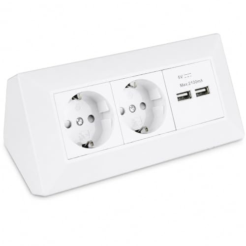 2-fach & 2x USB Steckdosenblock weiß - hochwertige Steckdosenleiste Ecksteckdose Tischsteckdose Unterbausteckdose - für Küche, Werkstatt, Arbeitsplatte Steckdose