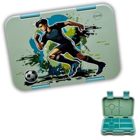 Jenard Brotdose für Kinder mit Fächern. Sehr robuste, flexible und praktische Lunchbox, ideal für die Schule. Coole Bentobox in verschiedenen Junior Designs, Grün/Fußball