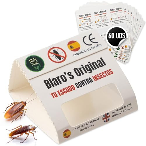 Blaro's Original - Pack de 60 Trampas para Insectos - Trampas Adhesivas Sin Tóxicos ni Biocidas - Seguras para Niños y Mascotas - Captura Eficaz de Cucarachas y Otros Insectos - Adhesivo Natural