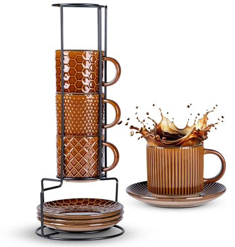 GBhome 8 OZ Stackable Coffee Mugs Set of 4, Ceramic Coffee Cups Set | Coffe Cups With Saucer and Stand ,Ideal for Daily Use&Gifts, Microwave&Dishwasher Safe, Caramel