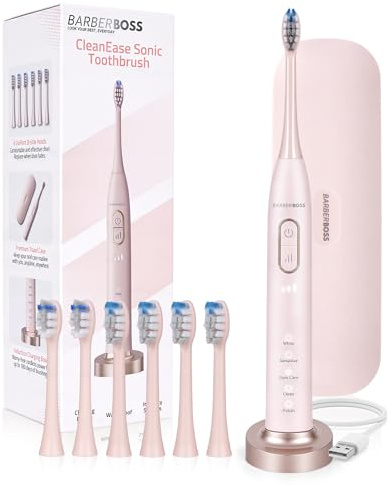 BarberBoss Sonic Electric Toothbrush for Adults, IPX8 Waterproof Pink Rechargeable Toothbrush, USB Charging Base, 5 Cleaning Modes × 3 Intensities, 2-Minute Smart Timer, 6 Brush Heads, QR-7303