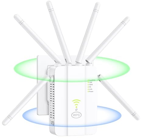 WLAN Verstärker, WIFI Repeater 1200 Mbit/s, Dualband Extender 5GHz + 2.4GHz mit 6 Antennen, 360°-Abdeckung WLAN Signalverstärker Verstärker mit Ethernet-Anschluss kompatibel mit allen WIFI Routern