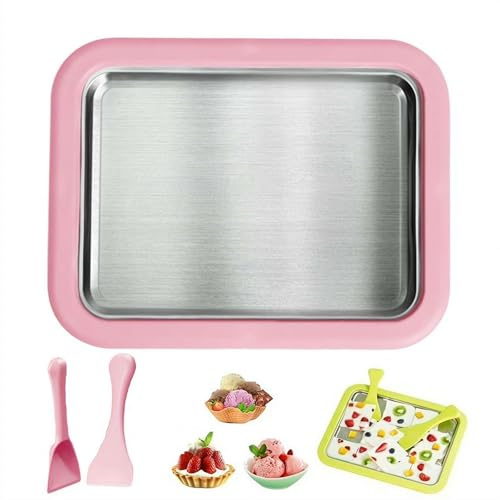 Portable Rolled Ice Cream Maker, DIY Homemade Rolled Ice Cream Tray, Instant Freeze Machine with 2 Scrapers, Ices Creams Roller Maker, Iced Stir-Fry Machine Kit for Home (Pink 1set)