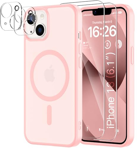 YNMEacc 5 in 1 Magnetic for iPhone 13 Case 6.1-Inch with 2X Screen Protector + 2X Lens Protector, [Compatible with MagSafe] Military-Grade Protection, Slim Shockproof Anti-Scratch Cover - Pink