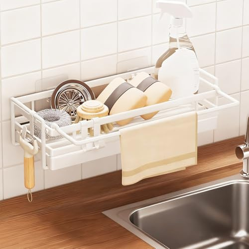 Sink Organiser,Wall Mounted Kitchen Sink Caddy,Kitchen Organiser with Removable Drip Tray and Hooks,Hanging Sink Shelf Made of Carbon Steel,Washing Up Liquid and Kitchen Utensils without Drilling