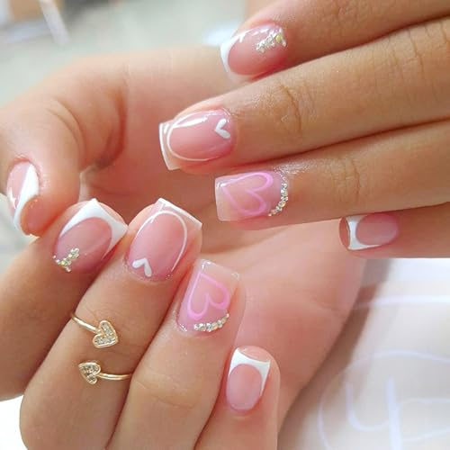 Zosutetoxo Falsenails, 24 Pieces Press On Nails Short Square With French Nails White, Adhesive Nails As Fake Nails With Heart Rhinestone Design