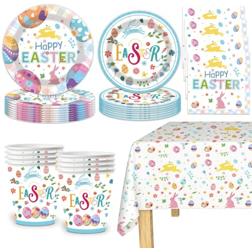 Easter Party Tableware Set,51pcs Easter Themed Party Paper Plates Napkins Tablecloth Party Supplies,Colourful Egg and Rabbit Table Decorations Party Pack Bundle Dinner Dessert