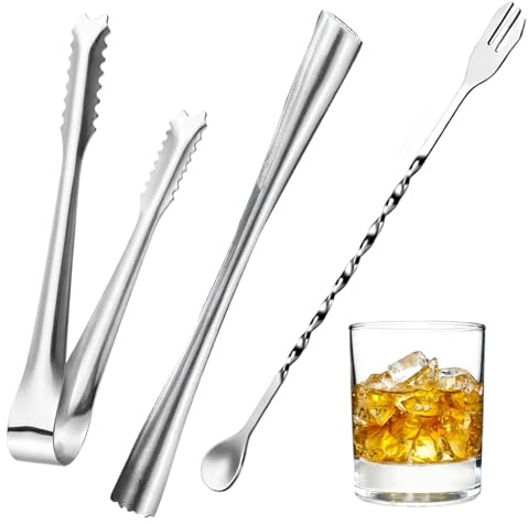 Cocktail Stößel Set, Mojito und Caipirinha Zubehör, Professioneller Cocktailmixer mit Stößel, Hochwertige Barwerkzeuge für Cocktailzubereitung, 3-teiliges Set mit 26 cm Edelstahl-Barlöffel und 6 Zoll