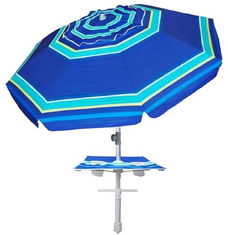 EffeDecor Ombrellone da Spiaggia Soffietto Antivento Ø220 cm Palo Inclinabile Ø28/32 mm Telo in Poliestere Blu a Righe con Sacca Trasporto,Tavolino in Tessuto e Punta a Trivella