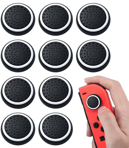 Cappucci Joystick Antiscivolo Set di 10 Protezioni da Pollice Nero con Anello Bianco, Installazione Facile, Compatibile con Switch e Switch Lite