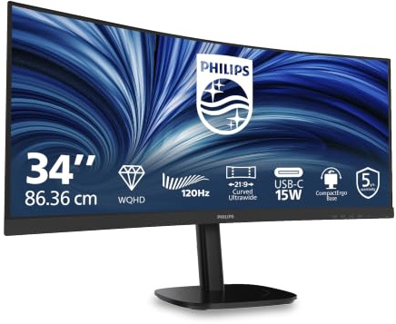 PHILIPS 34B2N3500C 34 Zoll Curved, UW-QHD USB Hub Monitor, 120Hz, VA Panel, 4ms GtG, Adaptive Sync, HDR10, Höhenverstellung,Lautsprecher,(3440x1440 HDMI 2X 2.1 TMDS) Schwarz